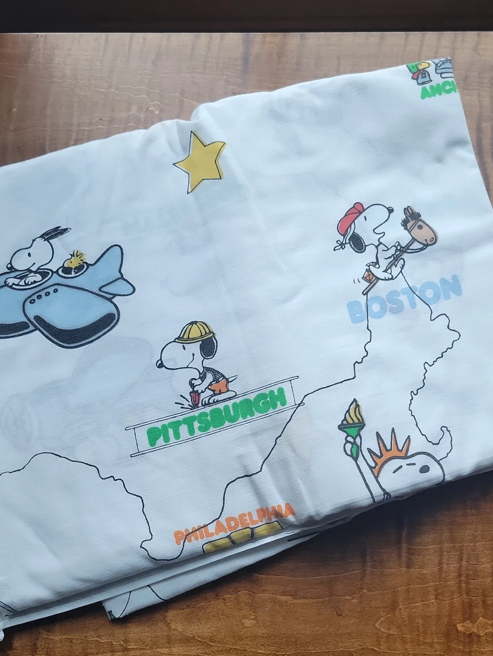 Vintage 1970s Peanuts See America With Snoopy Twin Flat Sheet Tastemaker,Bright